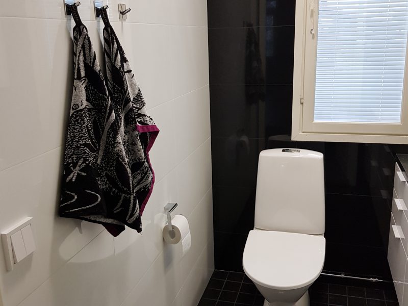 Kylpyhuoneen WC-tila ja naulakko