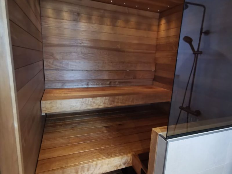 Puupaneloitu sauna lasiovella